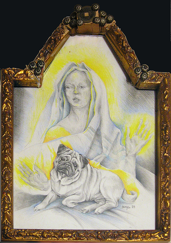 Madonna and Fu
<span>
Colored pencil on gesso panel<br>
9” x 12” 
</span>