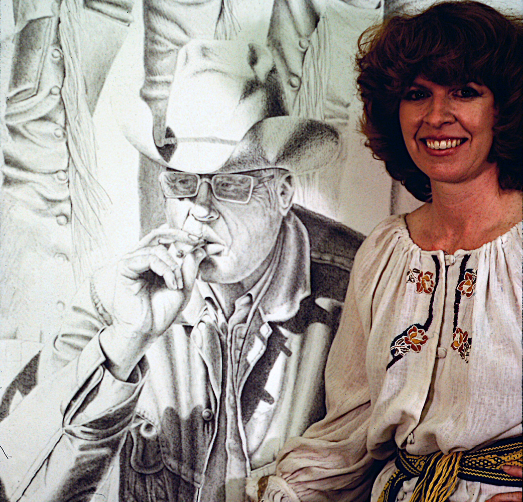 Photo of Artist <br>with Drawing
<span>Pencil on Stonehenge paper<br> 
38.5” x 50”</span>